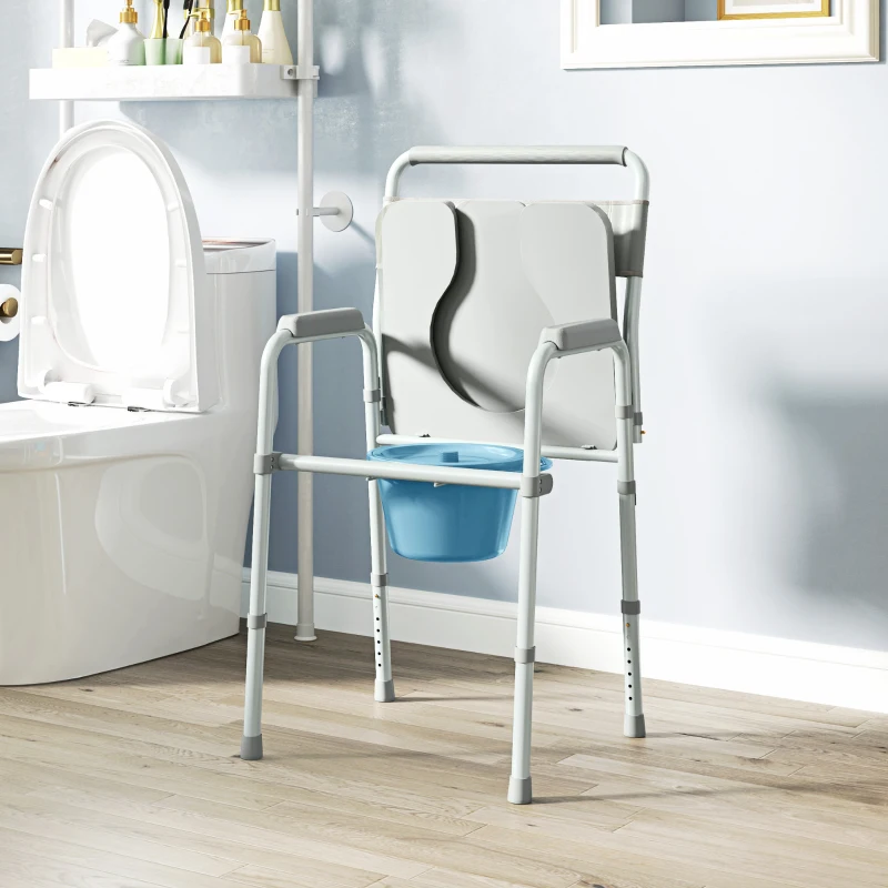 HOMCOM Chaise percée toilette pliable antidérapante hauteur réglable, siège et accoudoirs rembourrés, charge 150 kg, Gris