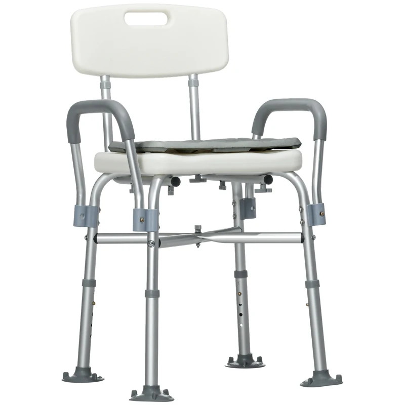 HOMCOM Tabouret de Douche Réglable en Hauteur à 5 Niveaux, Chaise de Douche, Accoudoirs Rembourrés et Coussin Amovible, Gris