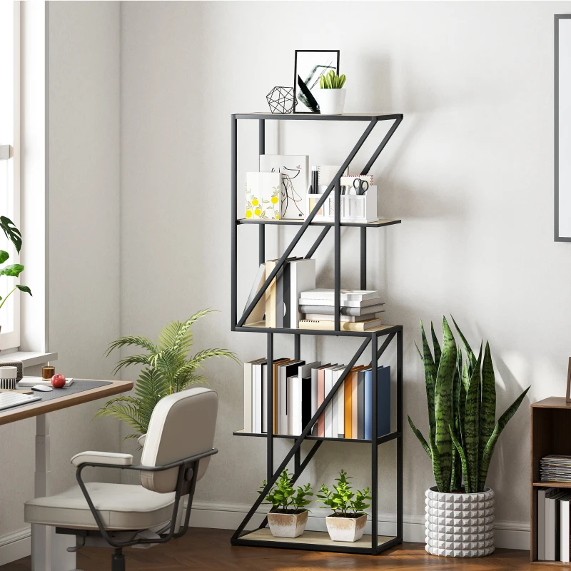 HOMCOM Librería de 5 Niveles Estantería para Libros Industrial con Estantes Abiertos y Marco de Acero 60x30x165 cm Roble
