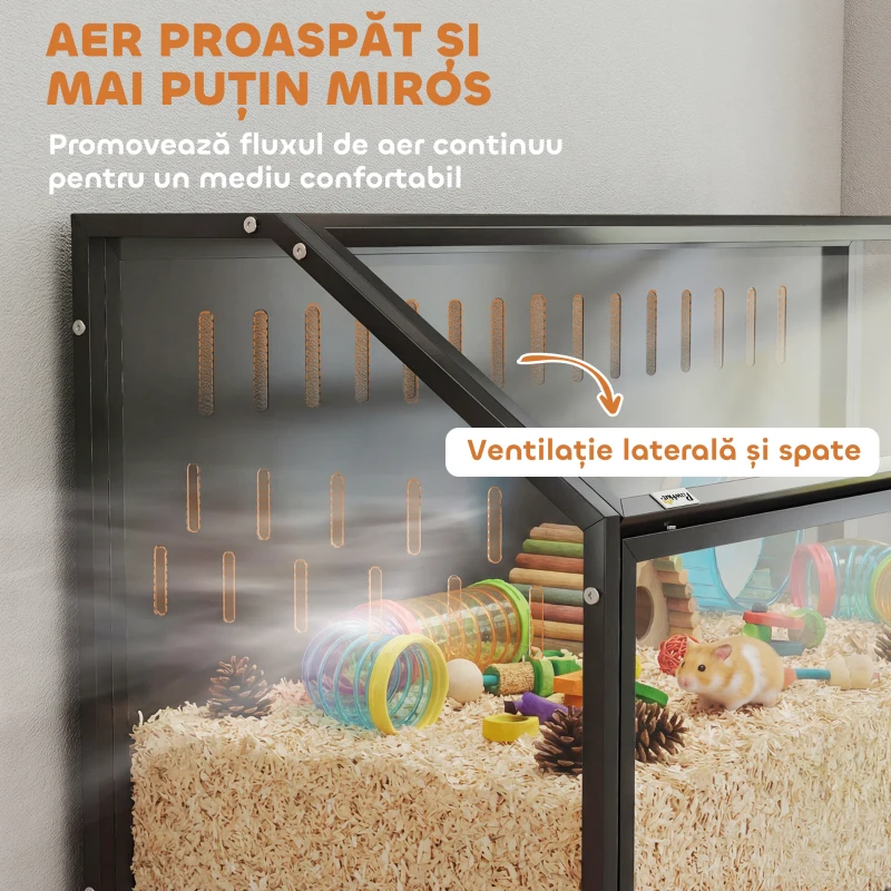 PawHut Cușcă Hamster 2-în-1 cu Dulap de Depozitare pentru Rozătoare Hamster Sirian și Șoareci Oțel și Acrilic Negru