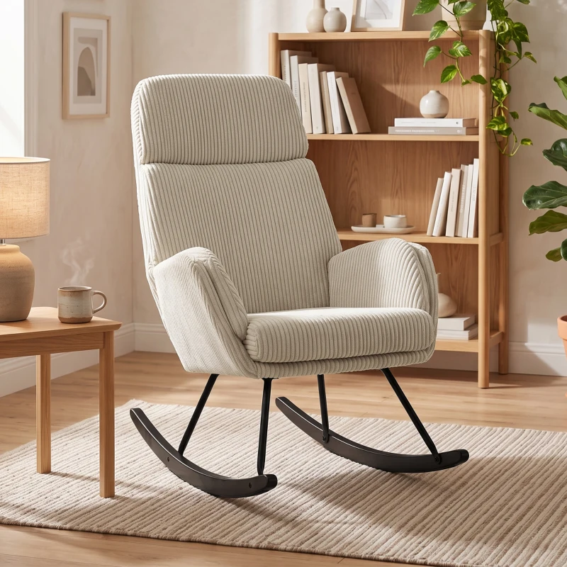 HOMCOM Fauteuil à Bascule, Rocking Chair en Velours Côtelé avec Dossier Haut et Accoudoirs, Pieds en Bois d'hévéa, Beige