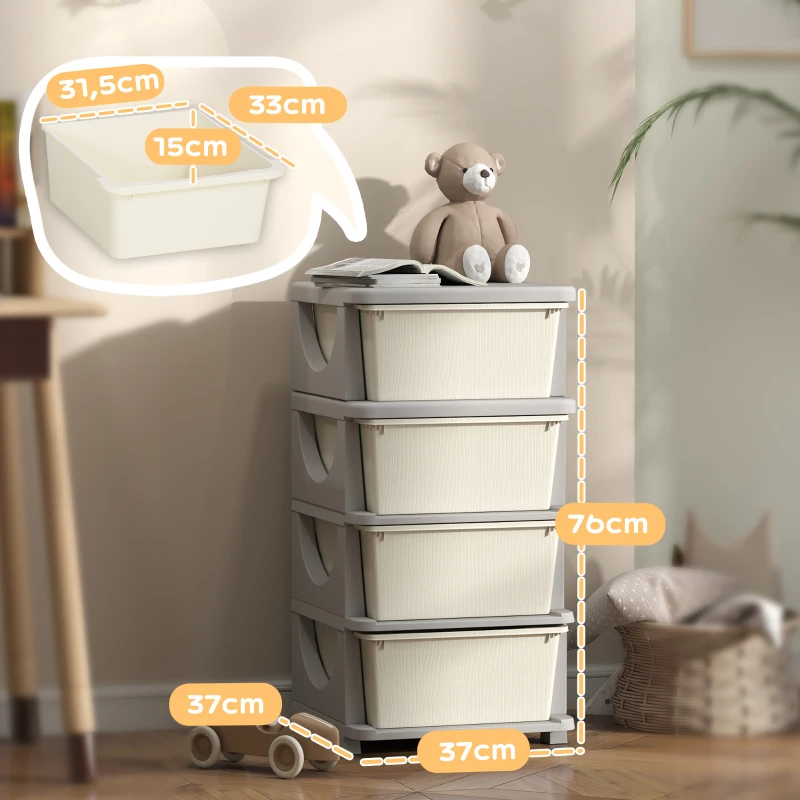 HOMCOM Torre de Almacenamiento Infantil con 4 Cajones para Niños de +3 Años con Bordes Redondeados y Asas 37x37x76 cm Crema