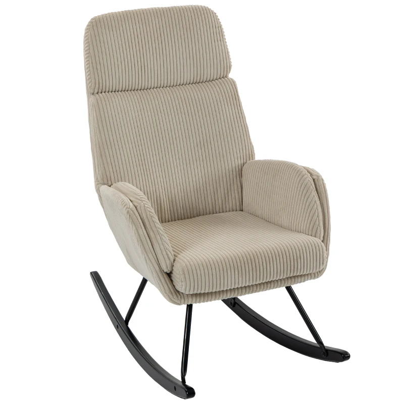 HOMCOM Fauteuil à Bascule, Rocking Chair en Velours Côtelé avec Dossier Haut et Accoudoirs, Pieds en Bois d'hévéa, Beige