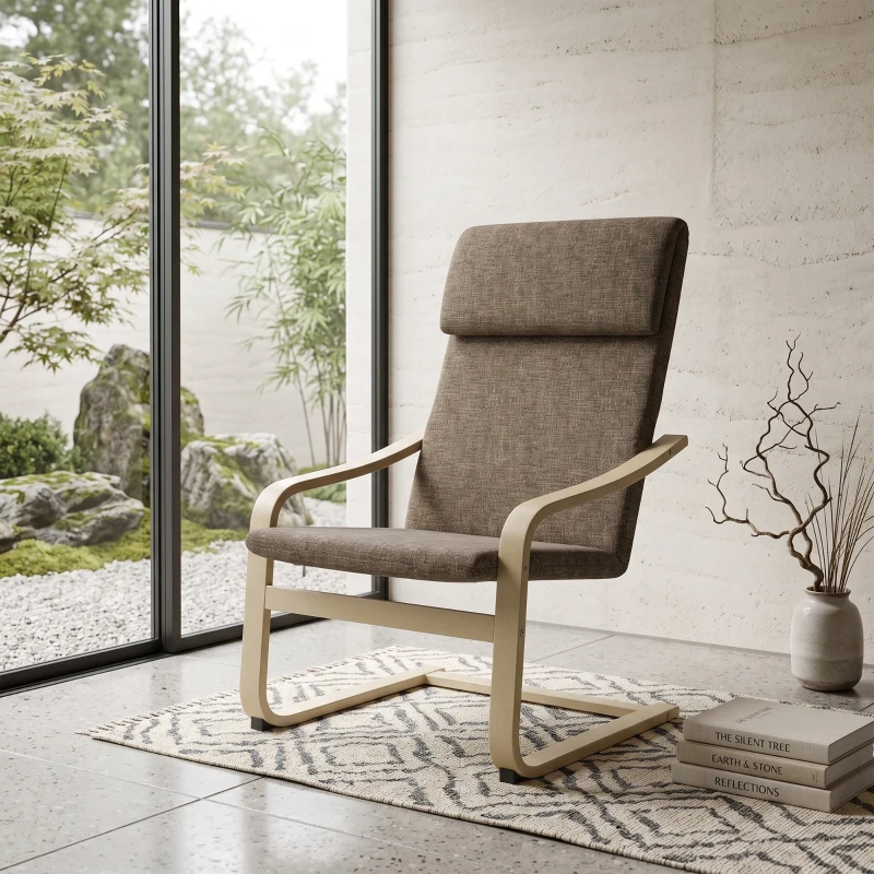 HOMCOM Fauteuil in linnenlook met hoofdsteun en armleuningen, houten frame, bruin+ naturel
