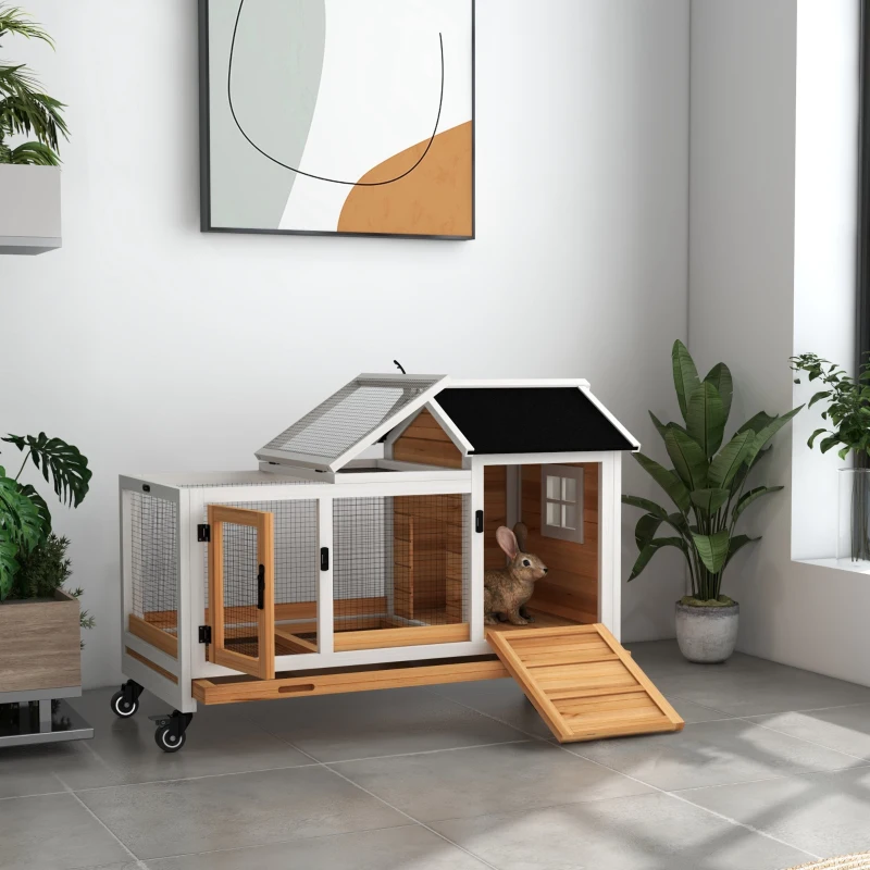 PawHut Jaula para Conejos con Ruedas Techo Abatible y Bandeja Extraíble para Interior y Exterior 108x58x73,5 cm Natural