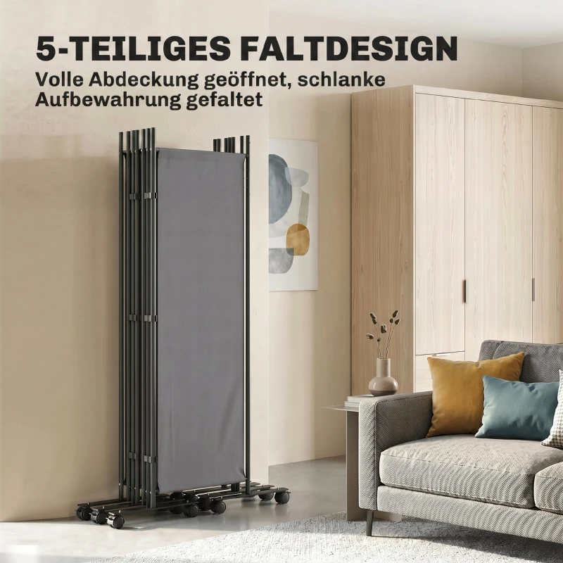 Outsunny Raumteiler 5-teilig 252 x 40 cm Freistehend Paravent mit 12 Rollen Klappbar Trennwand DIY Dunkelgrau