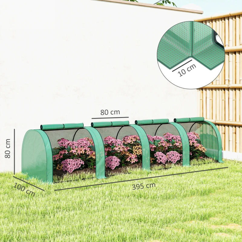 Outsunny Serra a Tunnel in Acciaio e Plastica Impermeabile Anti UV con 4 Porte, 395x100x80 cm, Verde