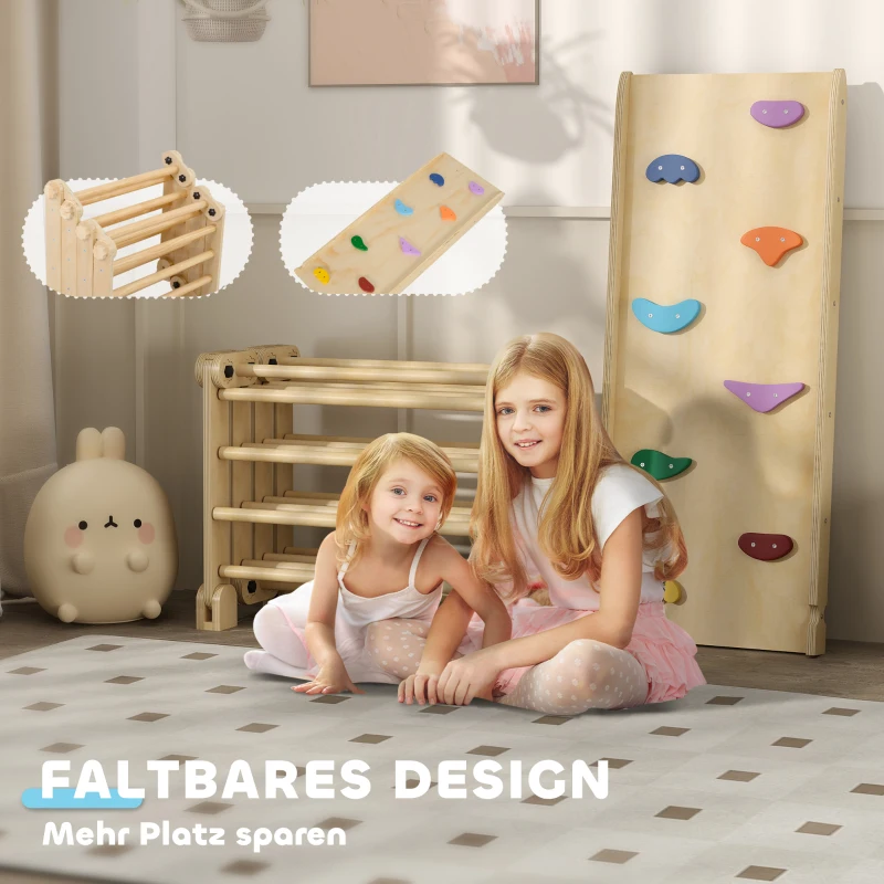 AIYAPLAY 3-in-1 Klimrek, opvouwbaar, Ladder & Glijbaan/Klimmuur, Hout, voor Kinderen van 1,5-4 Jaar(m-8)