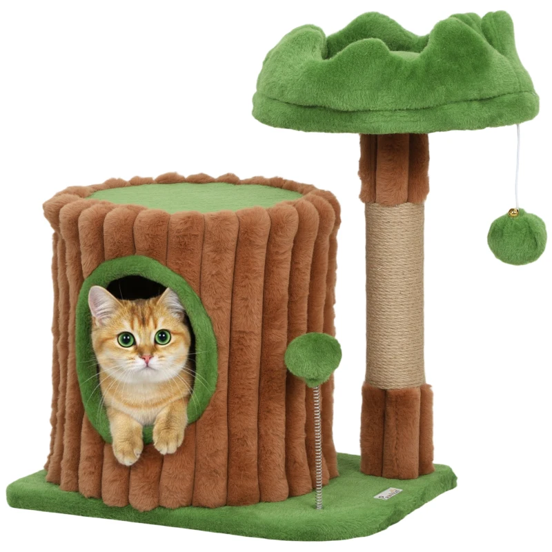 PawHut Kratzbaum 53 cm hoch Katzenbaum mit Höhle, Baumstamm-Design, Jutestämme, 2 Bälle  für 1-2 Katzen unter 5 kg, Braun+Grün