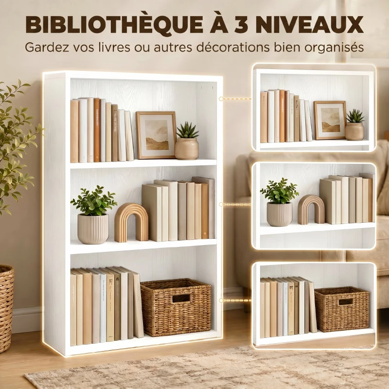 HOMCOM Bibliothèque étagère de rangement avec 3 compartiments et étagère réglable, 60 x 24 x 93 cm, blanc