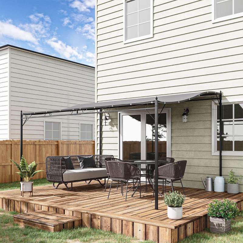 Outsunny  Cenador de Jardín 4x3 m Pérgola Montado en Pared con Toldo y 16 Orificios de Drenaje Marco de Metal y Poliéster 180 g/m² para Patio Terraza Gris