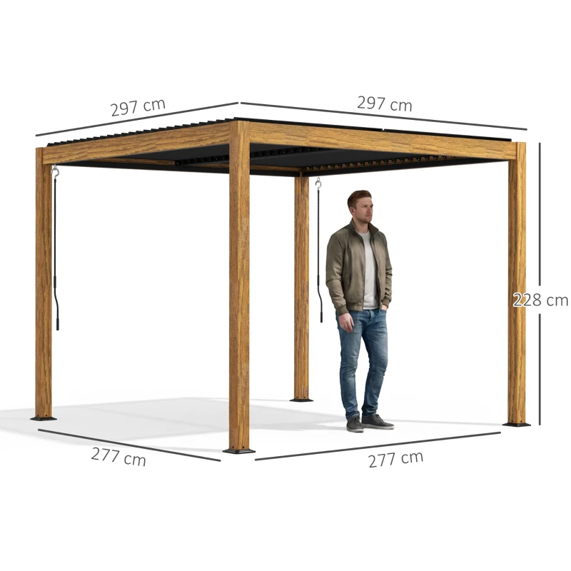 Outsunny Tuinpaviljoen met lamellendak, handkruk, aluminium/hout, 3x3m, zwart/natuur