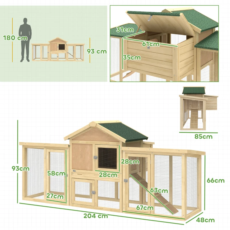 PawHut Gallinero para Exterior Grande de Madera 204x85x93 cm con Caja de Anidación Corral Bandeja Extraíble y Percha Natural
