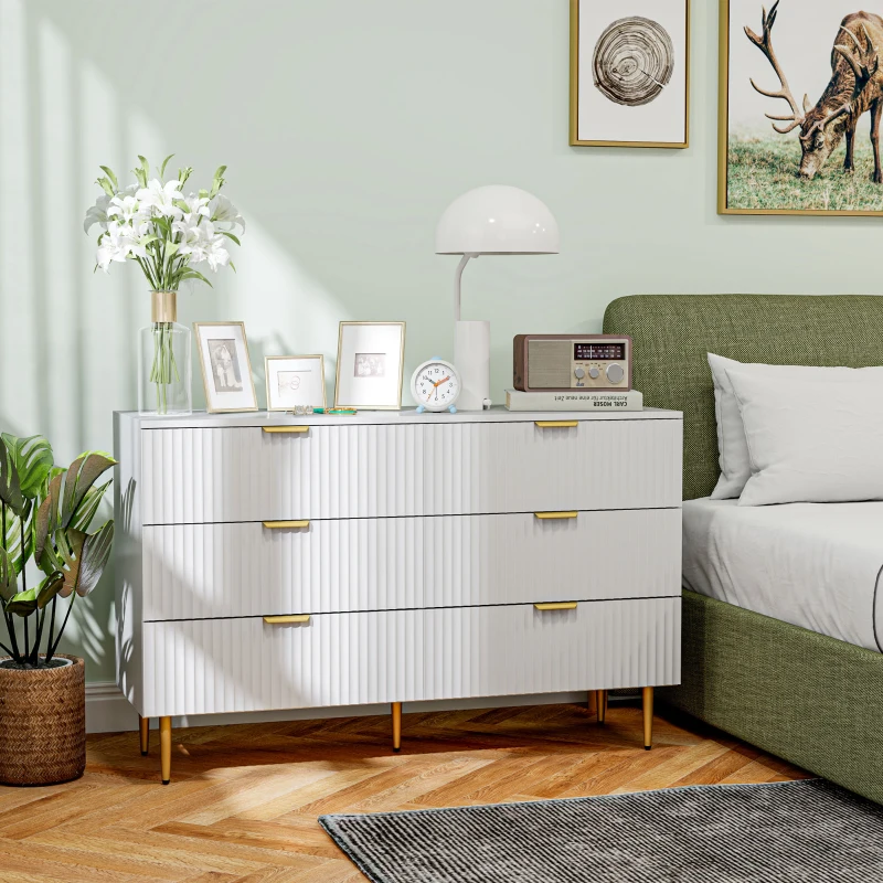 HOMCOM Cassettiera 6 Cassetti Moderna con Maniglie Dorate, 120x40x76.5cm, Bianco