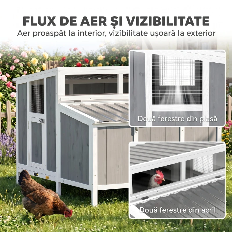 PawHut Cotet din lemn pentru găini cu ușă încuiabilă, cuib, acoperiș PET impermeabil pentru 3-4 găini, 145x90x92 cm, Gri