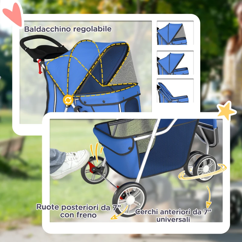 PawHut Passeggino per Cani Pieghevole con Portabicchieri e Cestino, 77x44x102 cm, Blu