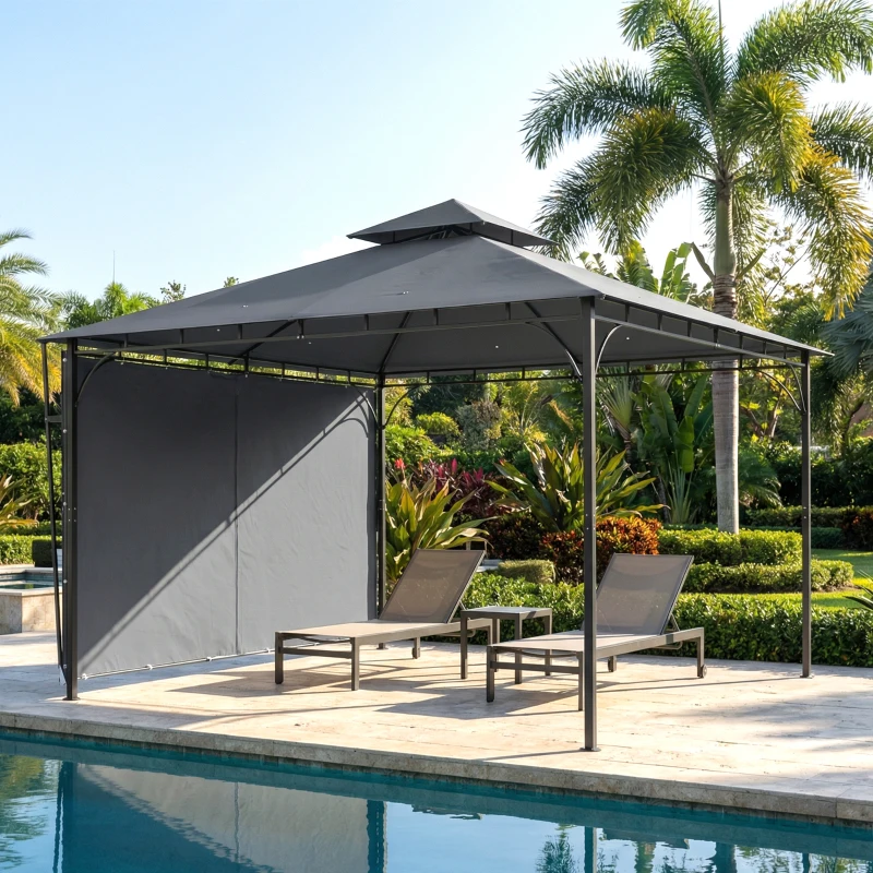 Outsunny Pavillon 3,2x3,2 m Stabil Winterfest Gartenpavillon mit ausziehbaren Dachüberstand, Doppeldach Dunkelgrau
