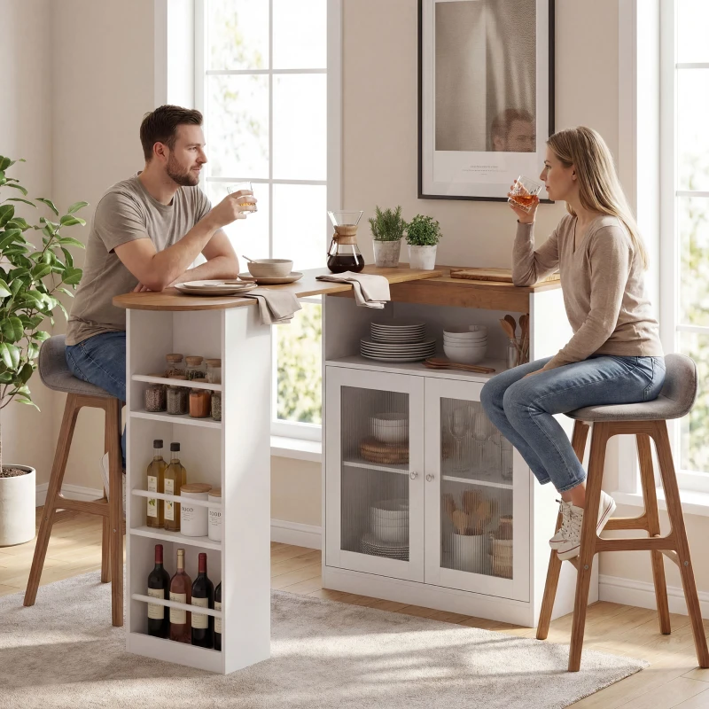 HOMCOM Mesa de Bar Extensible y Giratoria 90° con Estantes Abiertos y 2 Puertas de Vidrio 150x80x105,5 cm Blanco y Natural
