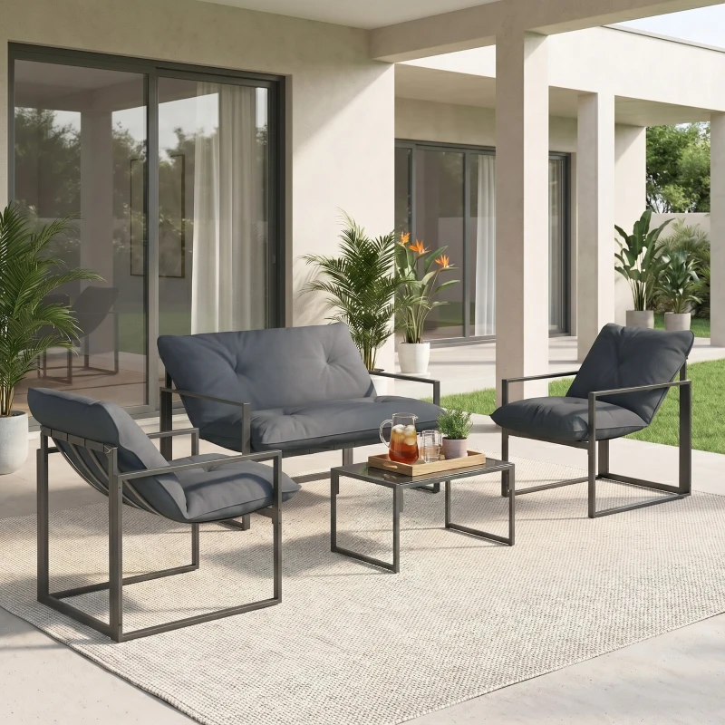 Outsunny Set da Giardino 4 Pezzi con Divanetto, 2 Poltrone e Tavolino, in Acciaio, Poliestere e Cotone PP, Nero e Grigio