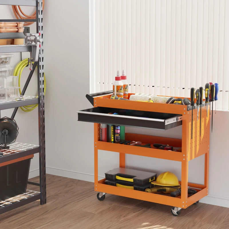 DURHAND Carrello Porta Attrezzi con Manico Laterale, Cassetto e 3 Ripiani in Acciaio, 82x35x76 cm, Arancione