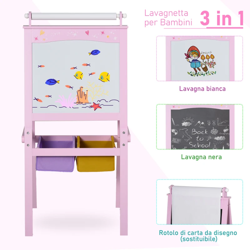 HOMCOM Lavagnetta per Bambini in Legno Rosa con Cavalletto 3 in 1: Lavagna Bianca, Nera e con Rullo Fogli di Carta