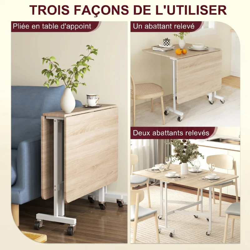 HOMCOM Table à Manger Pliante sur Roulettes pour 4-6 Personnes 120 cm, Roues avec Freins, 2 Abattants, Style Industriel, Chêne