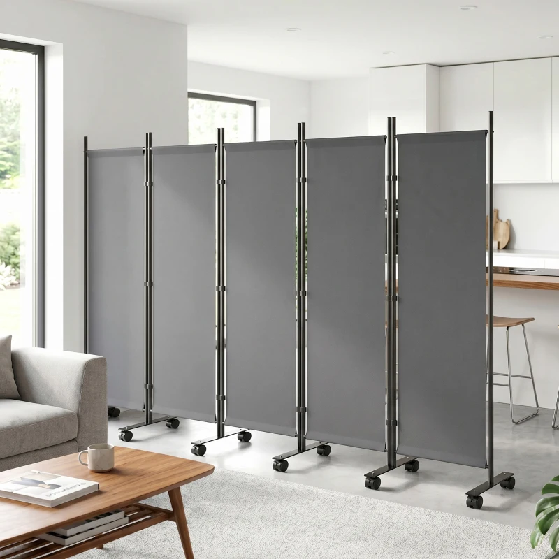Outsunny Raumteiler 5-teilig 252 x 40 cm Freistehend Paravent mit 12 Rollen Klappbar Trennwand DIY Dunkelgrau