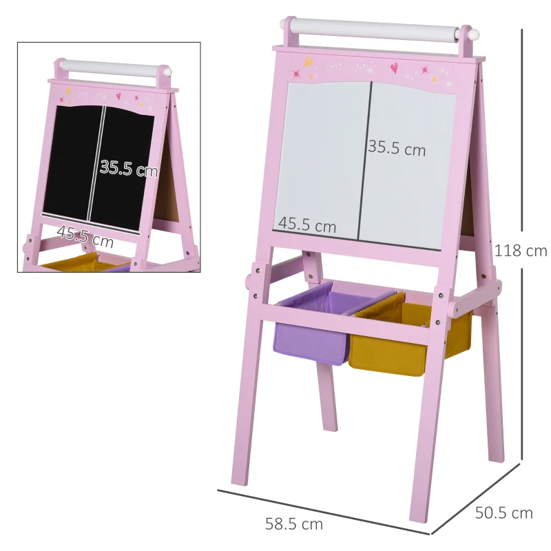HOMCOM Lavagnetta per Bambini in Legno Rosa con Cavalletto 3 in 1: Lavagna Bianca, Nera e con Rullo Fogli di Carta