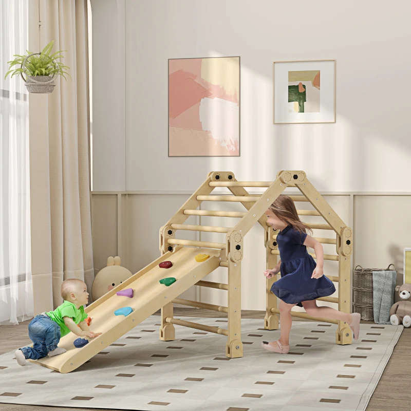 AIYAPLAY 3-in-1 Klimrek, opvouwbaar, Ladder & Glijbaan/Klimmuur, Hout, voor Kinderen van 1,5-4 Jaar(m-2)
