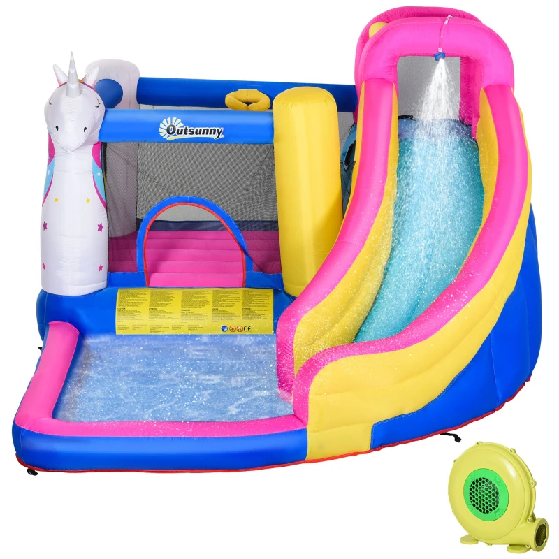 Outsunny Opblaasbaar springkasteel met glijbaan speelkasteel springkasteel met blazer voor 4 kinderen(m-11)