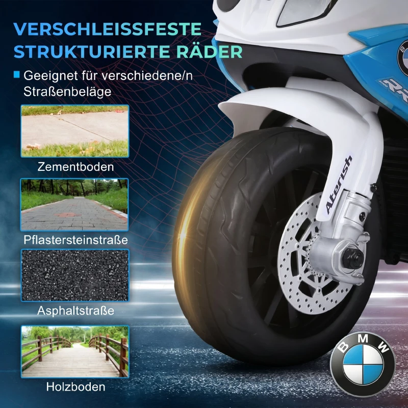 HOMCOM Elektryczny motocykl dla dzieci BMW S1000RR 6V z reflektorem i muzyką 2,5 km/h dla dzieci 18–36 miesięcy Niebieski