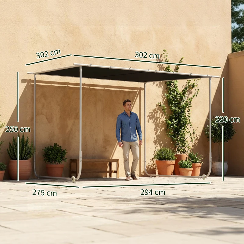 Outsunny Mobiler Pavillon, mit Rädern, inklusive Sandsäcke, Metallrahmen, 3x3m, Grau