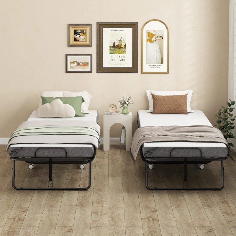 HOMCOM Logeerbed, Klapbed, Reisbed met Wielen, Matras, Staal, Wit+Zwart