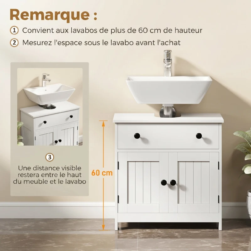 HOMCOM Meuble sous lavabo de salle de bain, meuble moderne sur pied avec charnières à fermeture douce, tiroir, 2 portes, blanc
