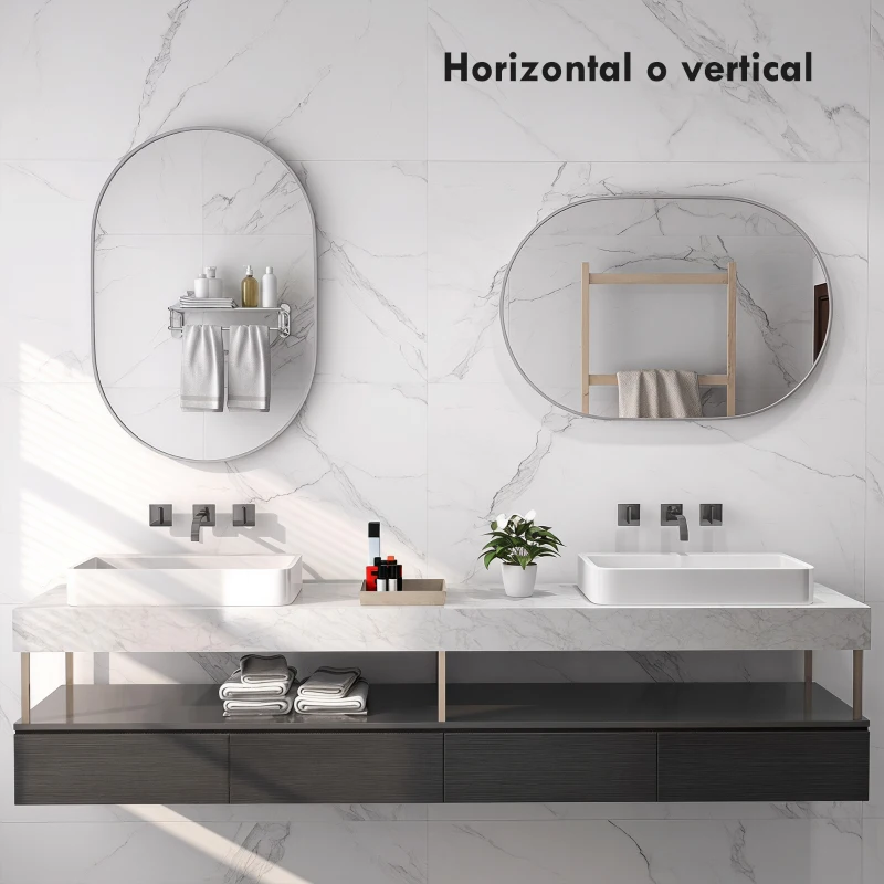 HOMCOM Espejo de Baño Ovalado 60x90 cm Espejo Decorativo de Pared con Marco de Aluminio para Salón Horizontal o Vertical Plata