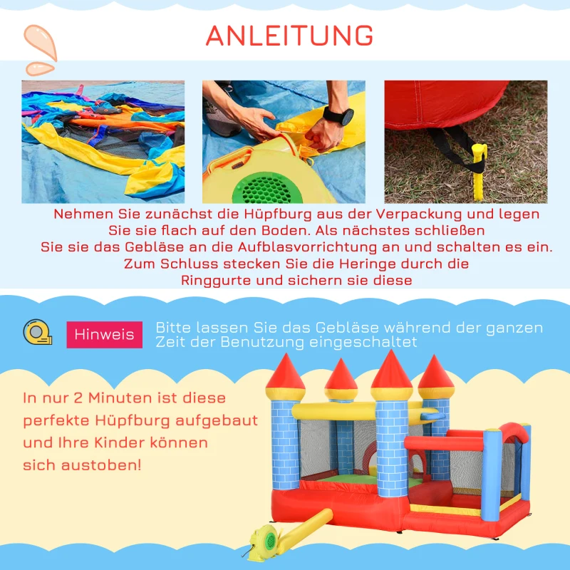 Outsunny opblaasbaar springkasteel met glijbaan voor 3 kinderen springkasteel met blazer speelkasteel, rood, blauw, groen 280 x 260 x 210 cm