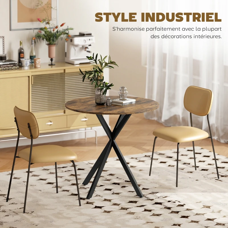 HOMCOM Table à Manger Ronde pour 2 Personnes avec Plateau Aspect Bois et Piètement Croisé en Acier, Brun Rustique