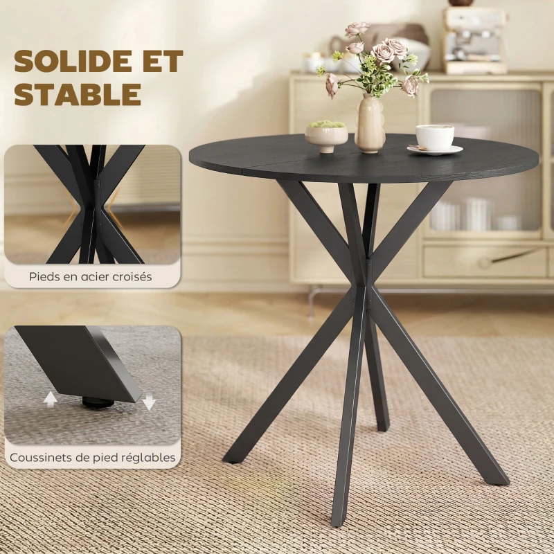 HOMCOM Table à Manger Ronde pour 2 Personnes avec Plateau Aspect Bois et Piètement Croisé en Acier, Noir