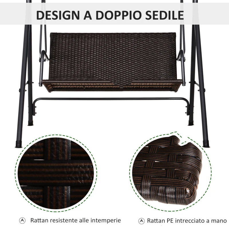 Outsunny Dondolo da Giardino 2 Posti con Tettuccio Regolabile, 140x110x151 cm, Marrone e Grigio