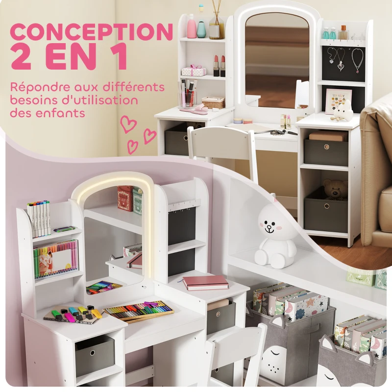 AIYAPLAY Coiffeuse pour enfants avec tabouret et miroir LED, table de maquillage pour 3 à 8 ans, 104 x 40 x 112 cm, blanc