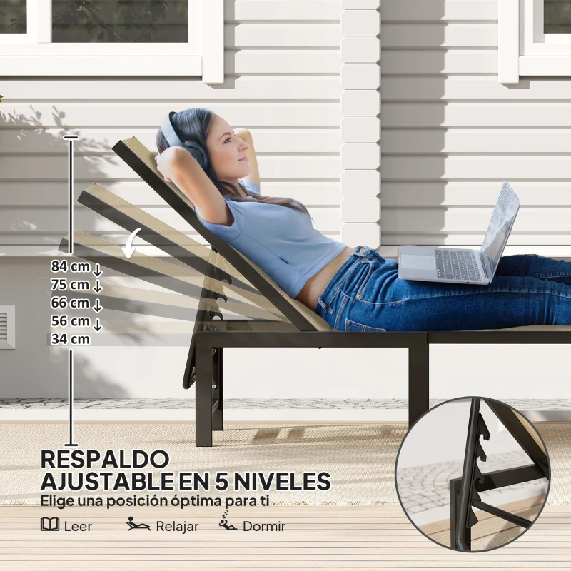 Outsunny Tumbona Reclinable de Jardín Exterior con Respaldo Ajustable en 4 Posiciones y Marco de Acero 166x60x84 cm Caqui