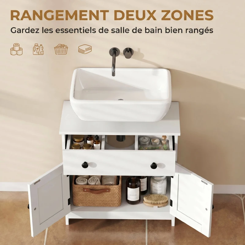 HOMCOM Meuble sous lavabo de salle de bain, meuble moderne sur pied avec charnières à fermeture douce, tiroir, 2 portes, blanc