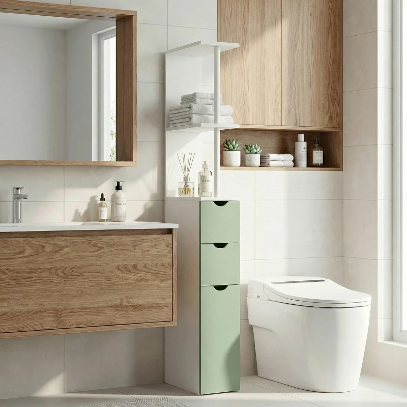 HOMCOM Slim Bathroom Storage Cabinet, Tall Bathroom Floor Cabinet with 2-Tier Shelf and 2 Drawers, White and Light Green