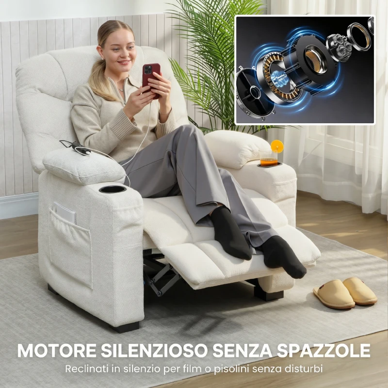 HOMCOM Poltrona Relax Elettrica Reclinabile 150° con Poggiapiedi, Funzione Memory, Telecomando, in Velluto, Crema