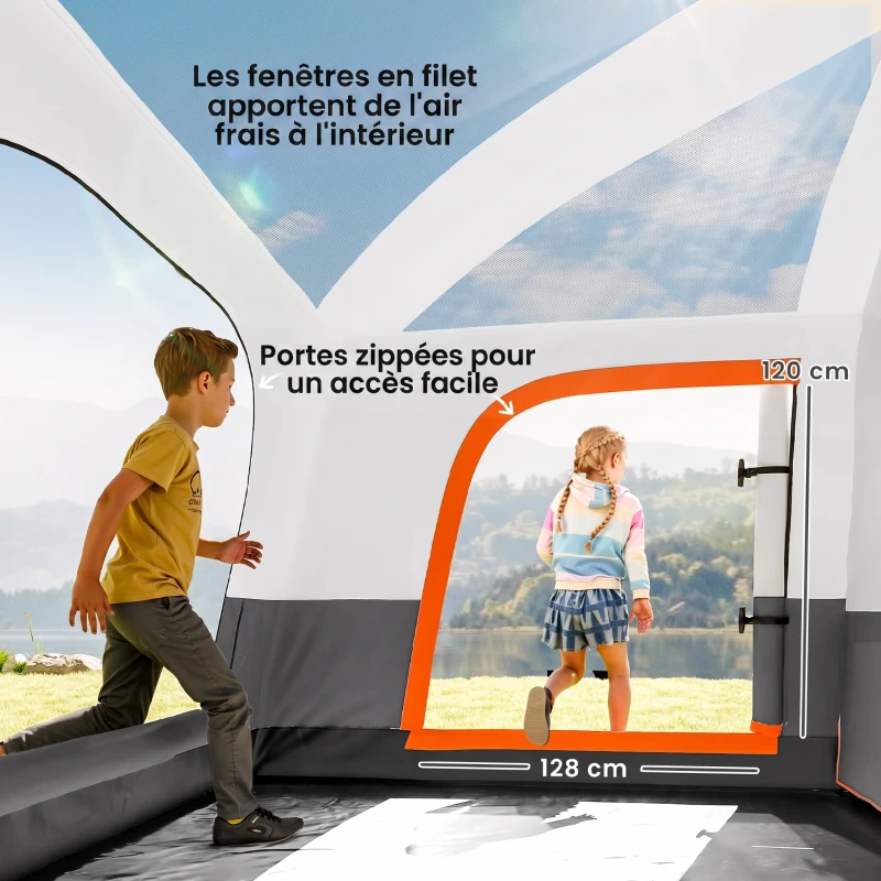 Outsunny Tente de camping familiale 4 personnes, tente tunnel, portes + fenêtres, 4,3 x 3 x 1,95 m, gris foncé