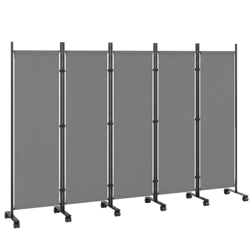 Outsunny Raumteiler 5-teilig 252 x 40 cm Freistehend Paravent mit 12 Rollen Klappbar Trennwand DIY Dunkelgrau