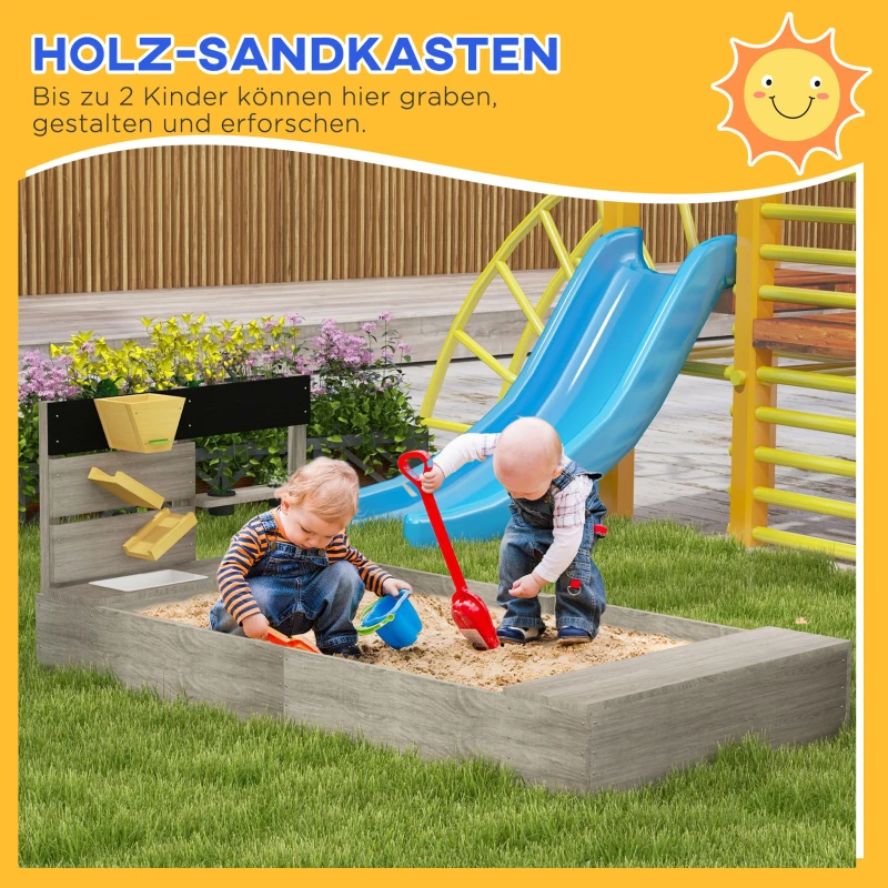 Outsunny Zandbak met speelkeuken, gootsteen, 2 plantenbakken, natuurlijk hout, 154x80x60cm, Grijs