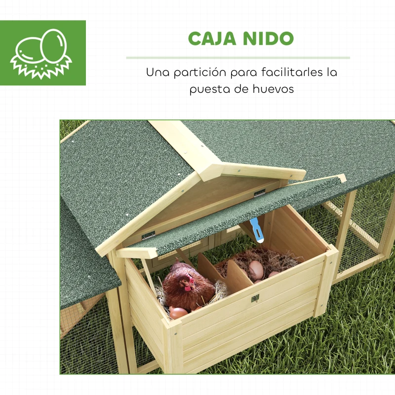PawHut Gallinero para Exterior Grande de Madera 204x85x93 cm con Caja de Anidación Corral Bandeja Extraíble y Percha Natural