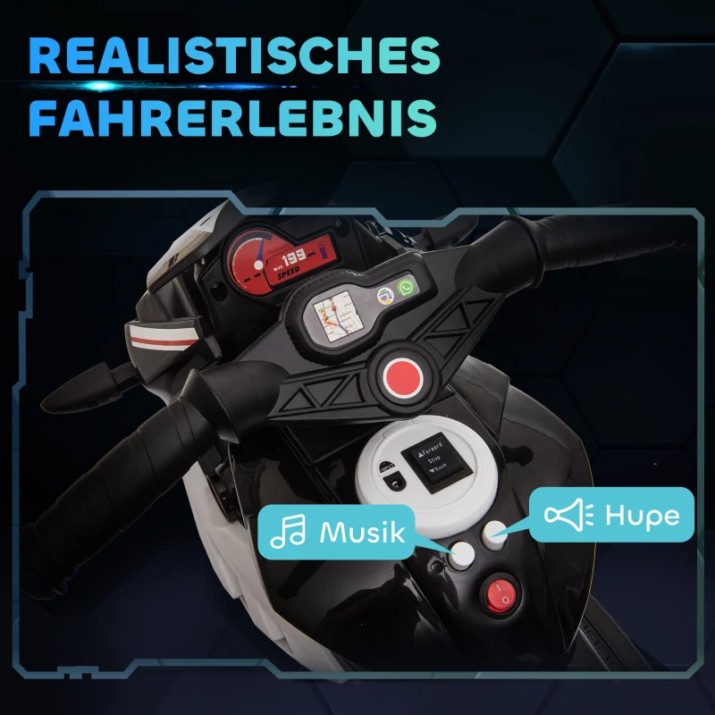 HOMCOM Elektrische kindermotorfiets, verlichting & geluiden, 3 km/u, oplaadbaar, kunststof & metaal, Zwart/Wit