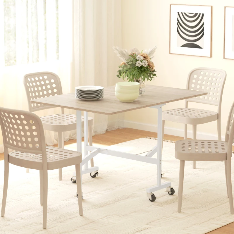HOMCOM Table à Manger Pliante sur Roulettes pour 4-6 Personnes 120 cm, Roues avec Freins, 2 Abattants, Style Industriel, Chêne